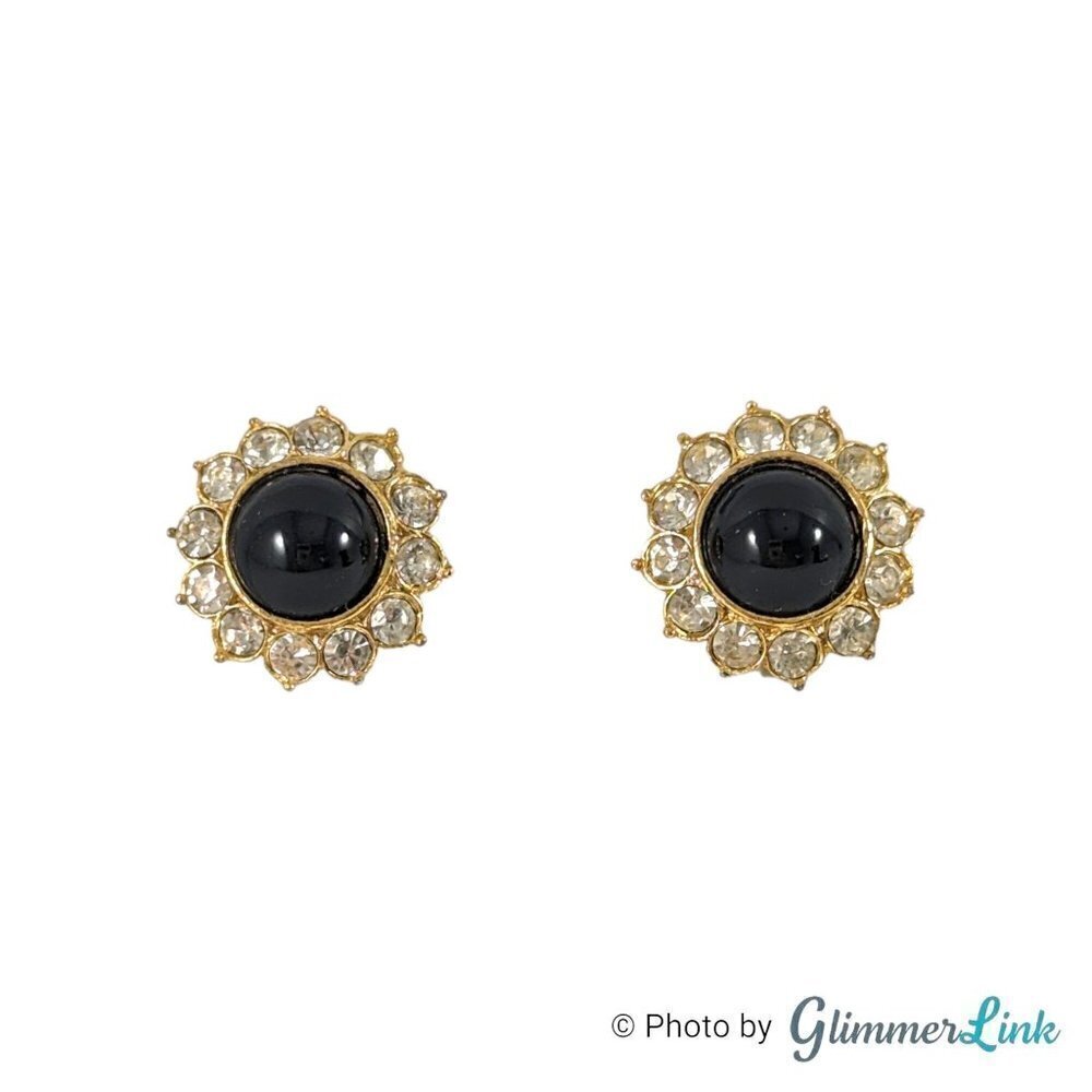 VTG Petite Black Lucite Cabochon Clear Rhinestones Gold Tone Clip On Earrings